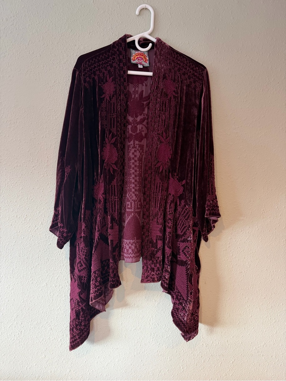 Johnny Was Burgundy Hirsh Embroidered Velvet Kimono Cardigan Jacket XL